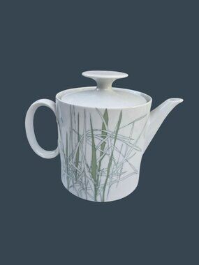 Vtg 70s Thomas Germany Porcelain Teapot With Green Grass Design Modern Lid Minim